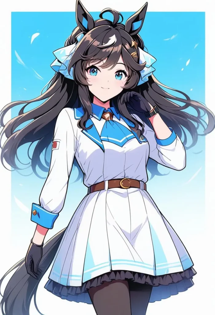Anime-style anthropomorphic character with long hair, animal ears, and a white and blue uniform, generated by AI using Stable Diffusion.