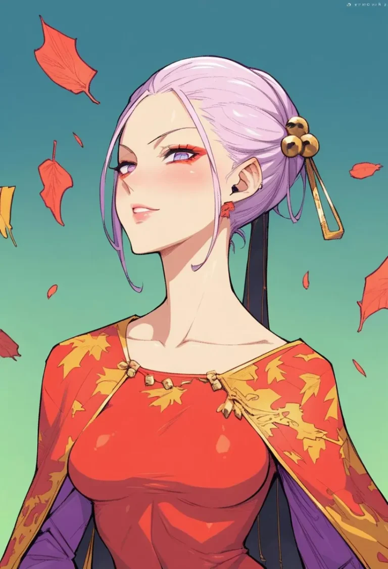 Anime girl with white hair adorned with golden hairpins in a red outfit with autumn leaves pattern, created using Stable Diffusion