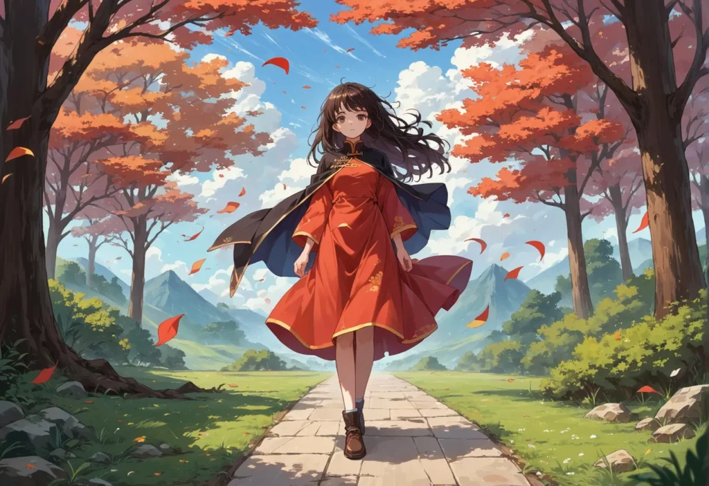 AI generated image of an anime girl in a red dress walking down a path surrounded by autumn trees with falling leaves using Stable Diffusion.