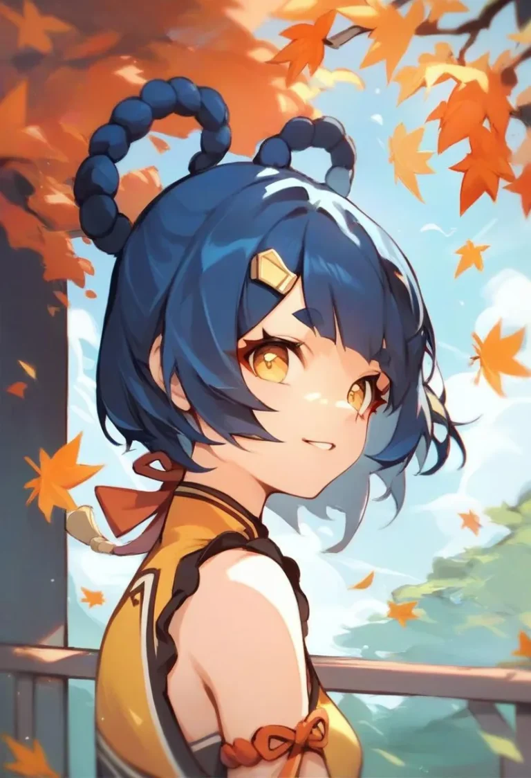 AI generated image of an anime girl with blue hair and golden eyes, against an autumn backdrop with falling leaves, created using Stable Diffusion.