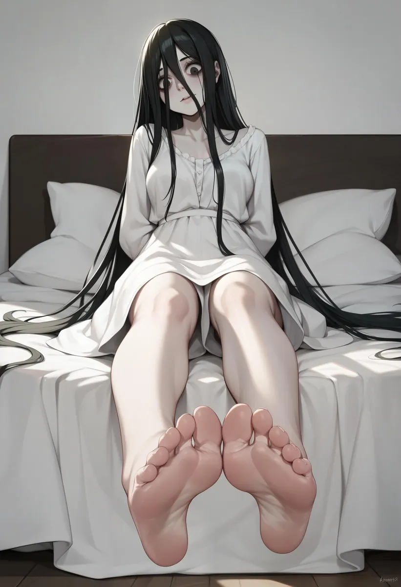 AI-generated image using Stable Diffusion showing an anime girl with long black hair, sitting barefoot on a bed.