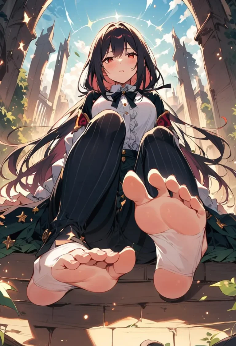 An AI-generated image using Stable Diffusion depicting an anime girl with long dark hair, dressed in a formal outfit with ruffles and a bow, sitting barefoot on stone steps. The background features a fantasy cityscape with tall spires and a bright sky.