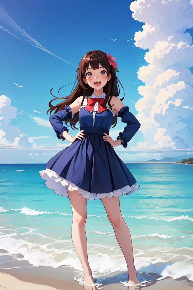 An AI generated image using stable diffusion of an anime girl with long brown hair standing on a beach. The girl wears a navy blue summer dress with a red bow and white frills, and a flower in her hair. The background features a clear blue sky with fluffy clouds and a calm ocean.