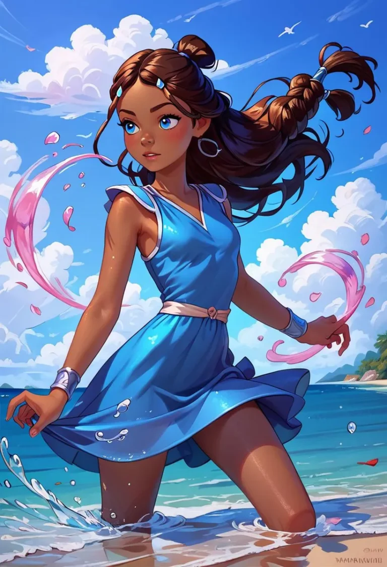Anime-style girl in a blue dress standing on a beach with swirling pink magical effects, generated using Stable Diffusion AI.