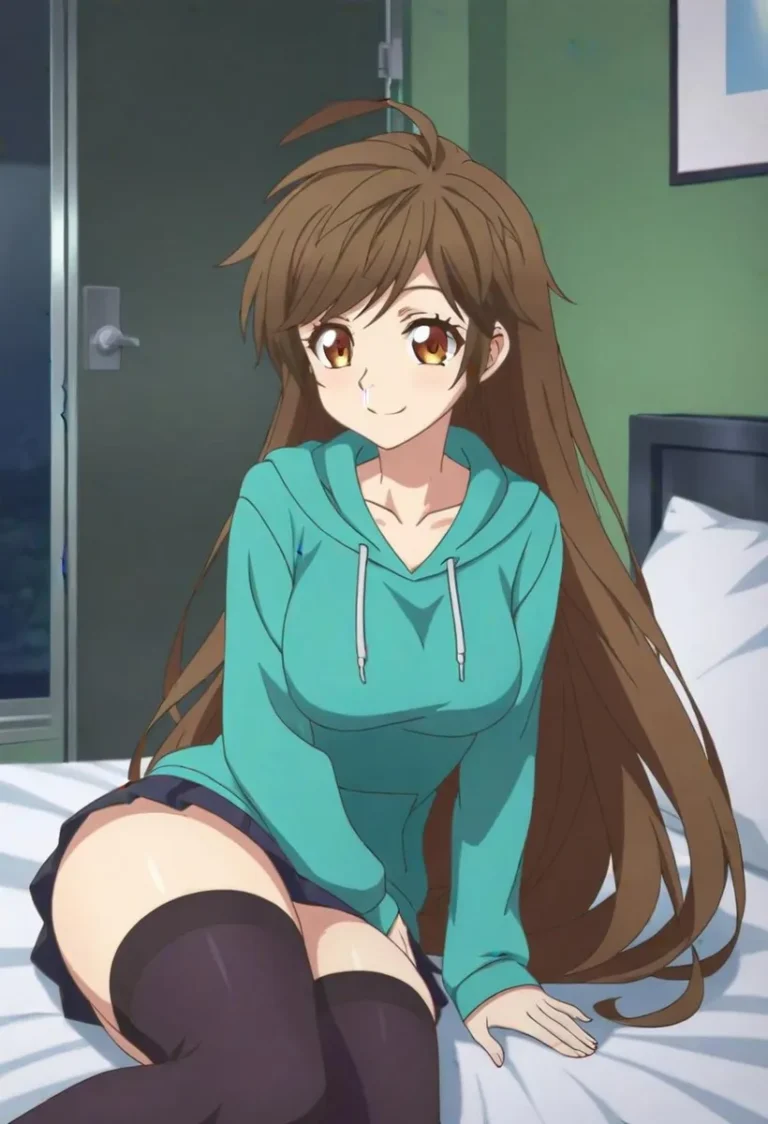 AI generated image of an anime girl with long brown hair, sitting on a bed in a cozy bedroom while wearing a teal hoodie using stable diffusion.