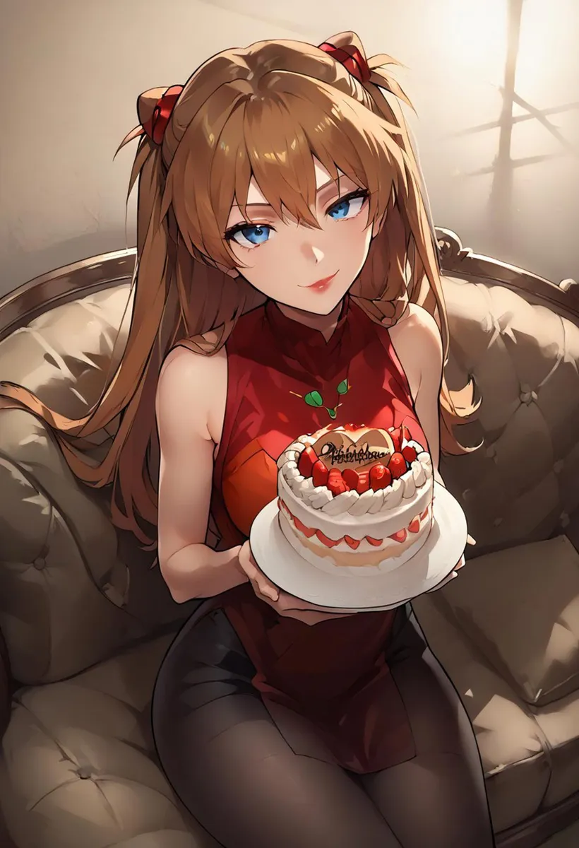 An anime girl with long blonde hair and blue eyes holding a birthday cake decorated with strawberries. The girl is sitting on a beige armchair and wearing a red dress. This is an AI generated image using Stable Diffusion.