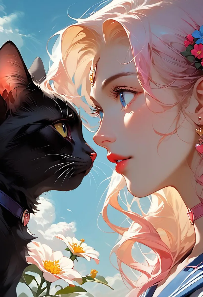Anime girl with pink hair and blue eyes having a close encounter with a black cat, set against a bright sky with white flowers. AI generated image using Stable Diffusion.