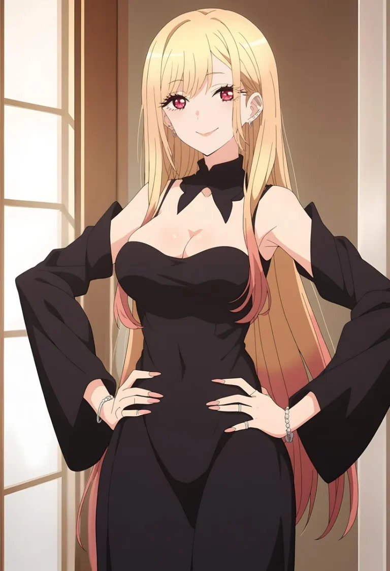 An AI generated image using stable diffusion of an anime girl with long blonde hair and pink tips wearing a black dress. Her hands are on her hips, and she's standing in front of a window with soft lighting.
