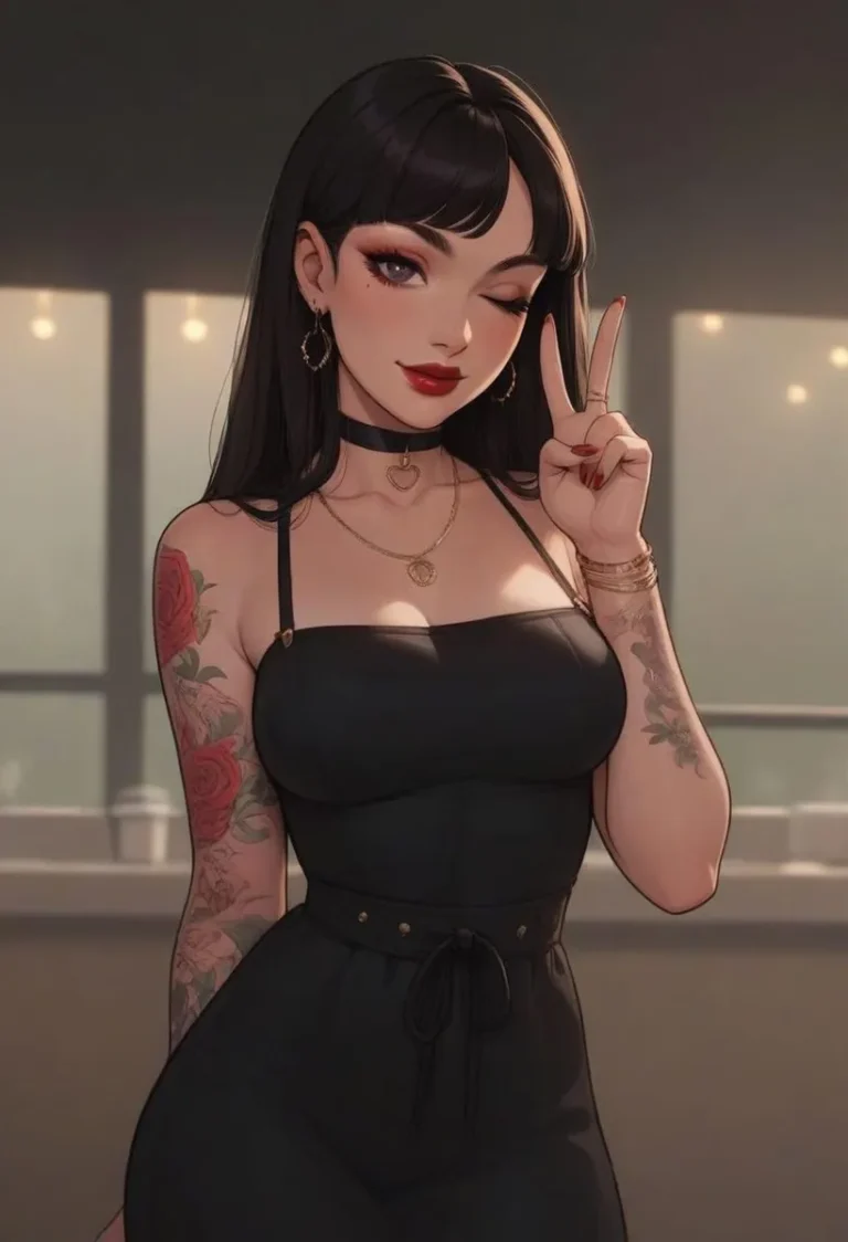 Anime-style girl with long black hair, tattoos, wearing a black dress, and making a peace sign. AI generated image using Stable Diffusion.
