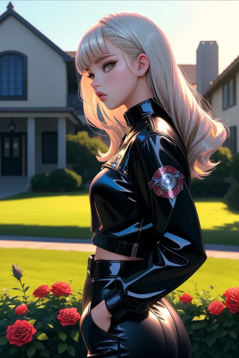 Anime girl with long blonde hair wearing a shiny black outfit, standing in a garden with red roses in the background. AI generated image using stable diffusion.