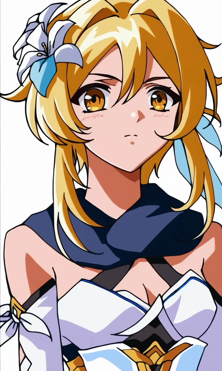 An AI generated image created using Stable Diffusion featuring a blond-haired anime girl with large expressive eyes, wearing a white and blue outfit with a flower in her hair.
