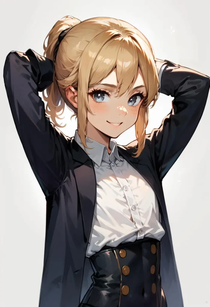 An AI generated image using Stable Diffusion of an anime girl with blond hair tied up in a ponytail and blue eyes, wearing a dark blazer and white shirt.