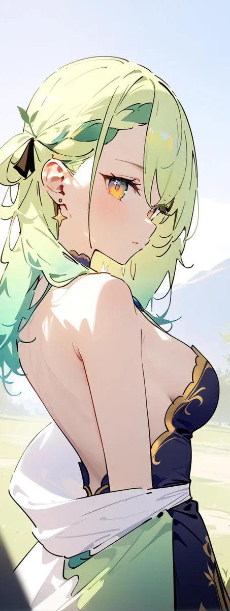 An AI generated image using stable diffusion depicting an anime girl with flowing blonde and green hair, wearing an elegant strapless outfit.