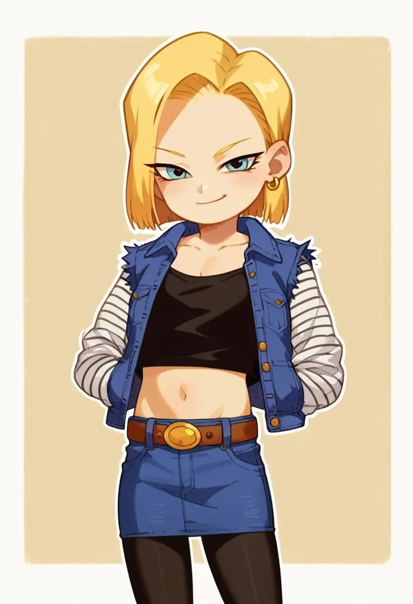 Anime girl in denim outfit with blonde hair and confident smile. AI generated image using Stable Diffusion.