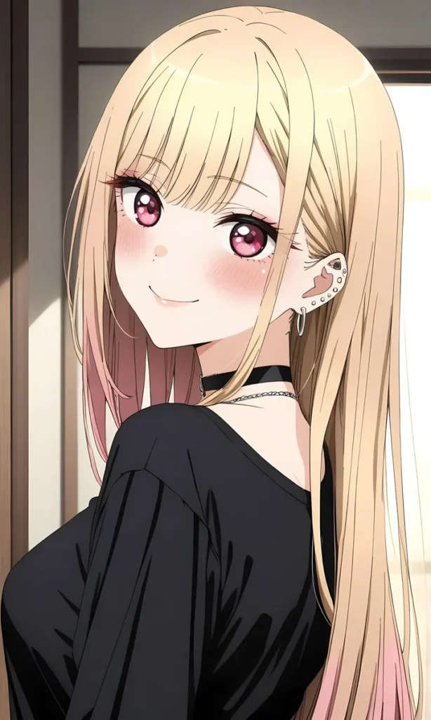Anime girl with long blonde hair, pink eyes, and ear piercings, wearing a black top, created using AI with Stable Diffusion.
