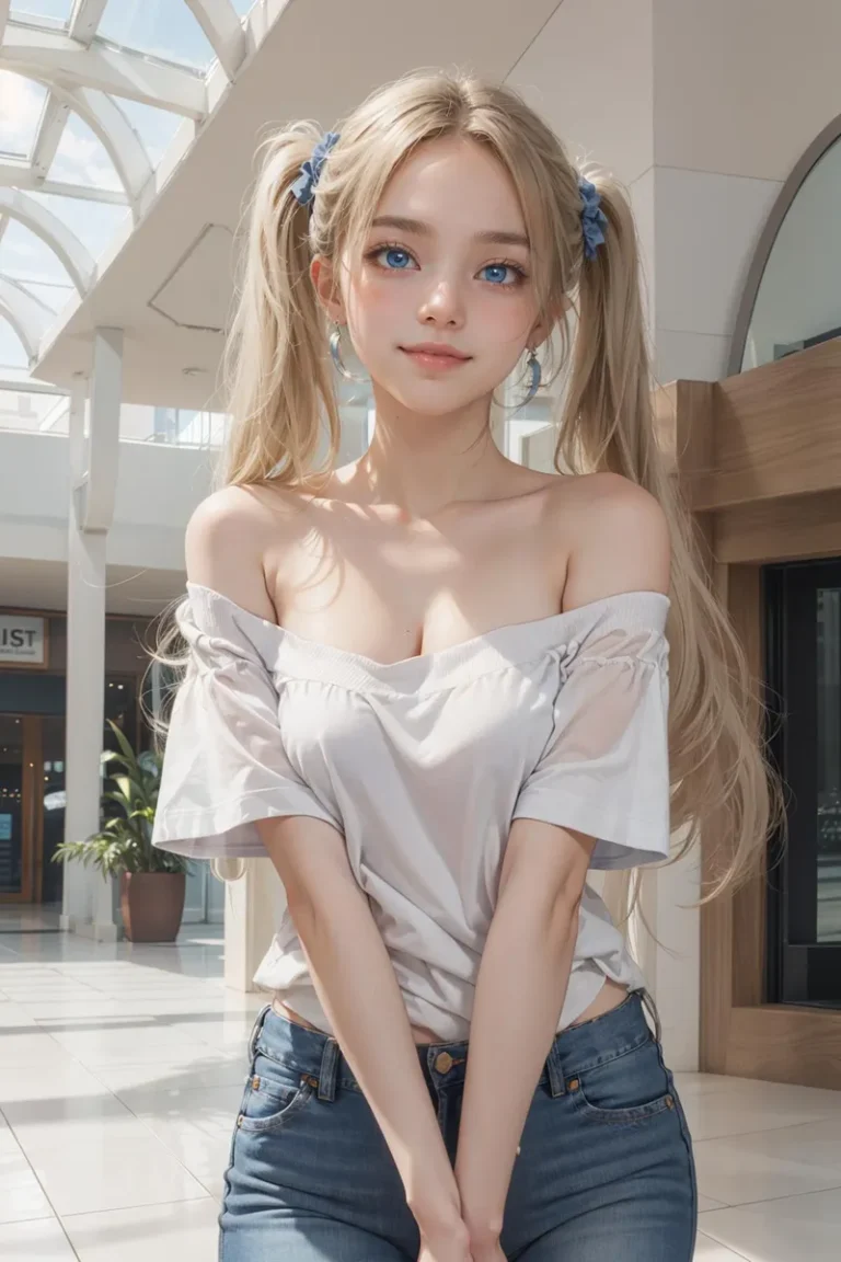 AI generated image of an anime-style girl with blonde hair in ponytails, big blue eyes, and a casual off-shoulder top in a modern indoor setting.