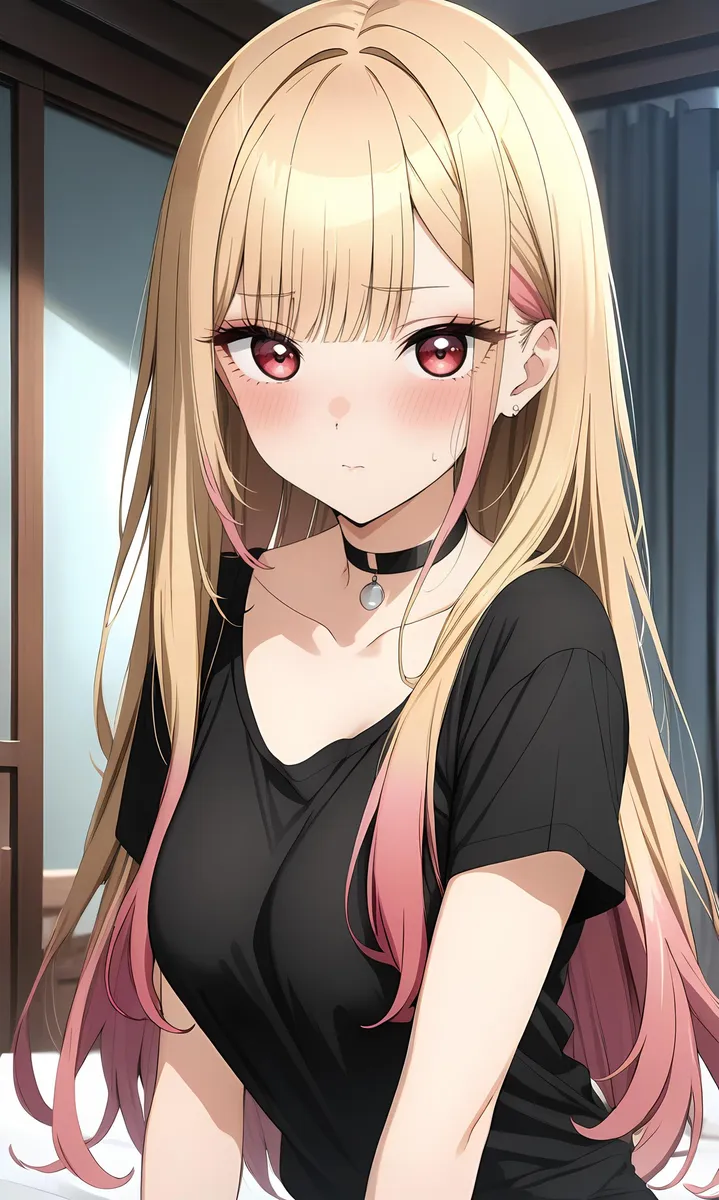 An AI generated image using stable diffusion of an anime girl with long blonde hair and pink highlights, wearing a black choker and black shirt, with red eyes and a slightly sad expression, standing in a modern room.