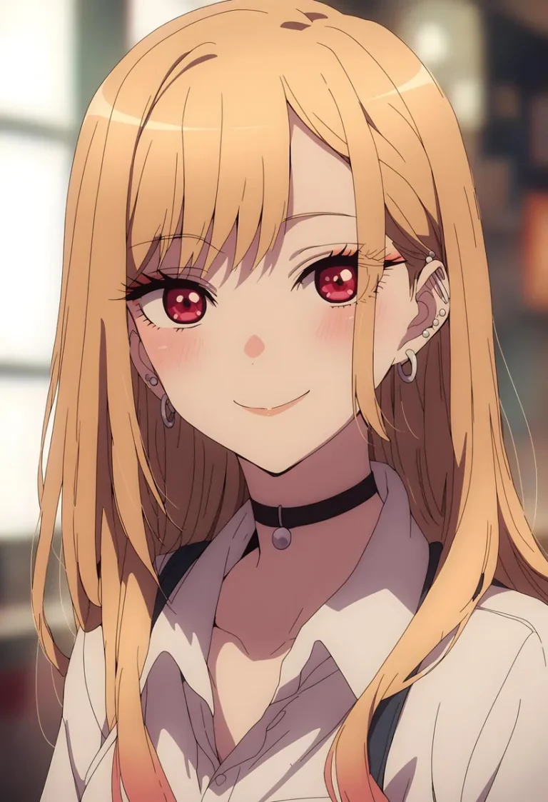 An AI generated image using Stable Diffusion of a smiling anime girl with long blonde hair, red eyes, and multiple earrings.