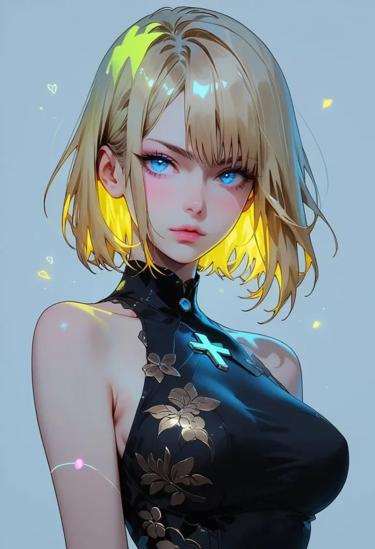 An AI-generated image using Stable Diffusion of an anime girl with short blonde hair, striking blue eyes, and a black dress adorned with a cross and floral patterns.