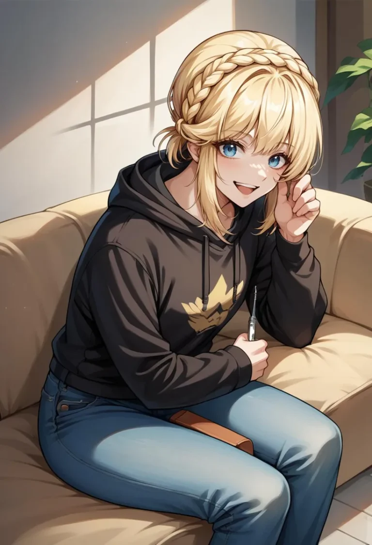 Anime girl with blonde hair, blue eyes, and a black hoodie sitting on a couch, created using Stable Diffusion AI.