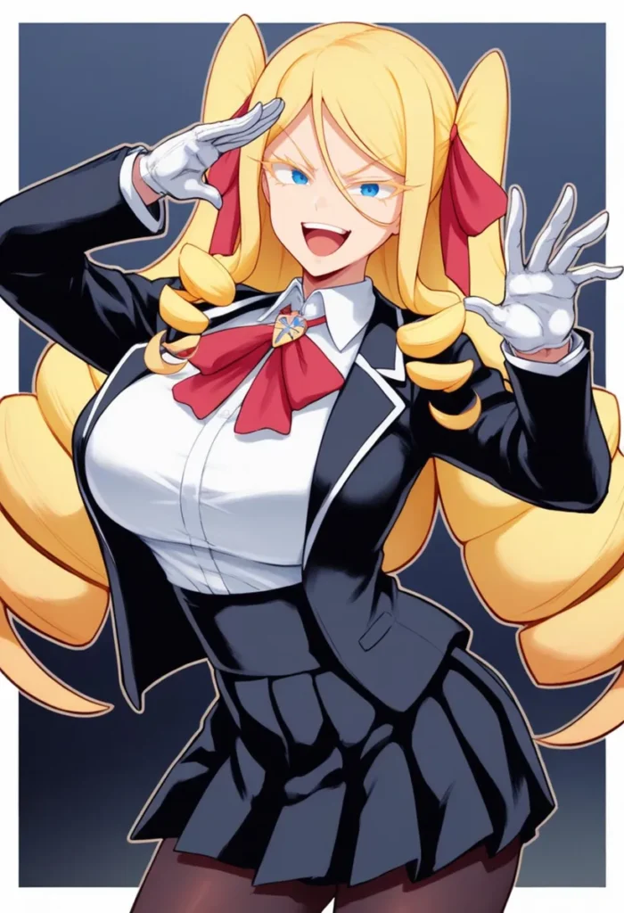 Anime girl with long blonde hair, wearing a school uniform with a red bow and white gloves, AI generated using Stable Diffusion.