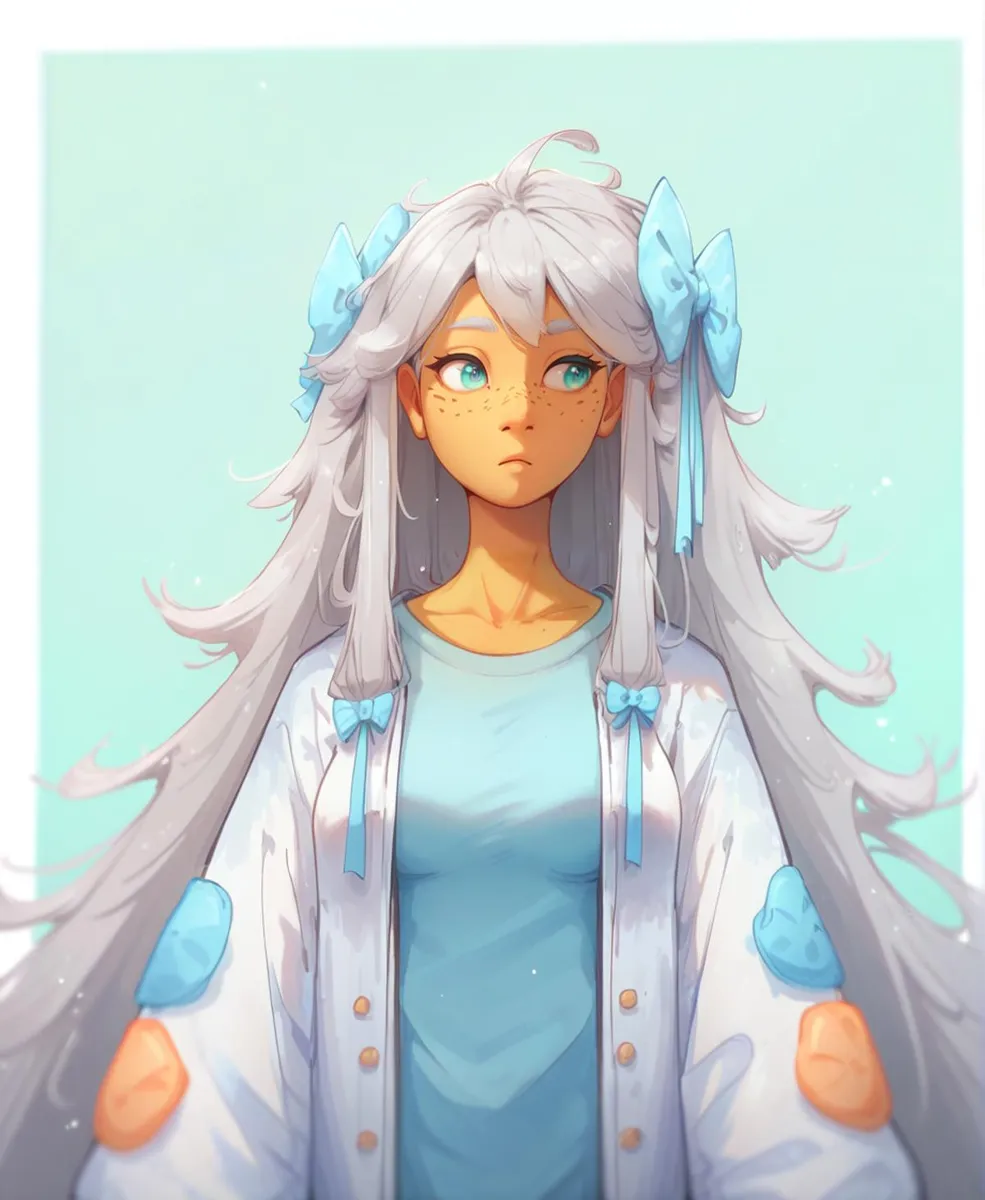 An anime-style portrait of a girl with long silver hair adorned with blue bows, wearing a blue shirt and a white jacket with colorful patches. This is an AI generated image using stable diffusion.