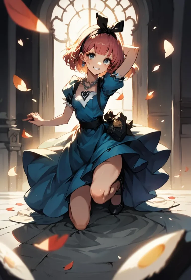 Anime girl in a blue dress with a black ribbon headband, kneeling inside a gothic cathedral with soft light and falling leaves. AI generated image using Stable Diffusion.