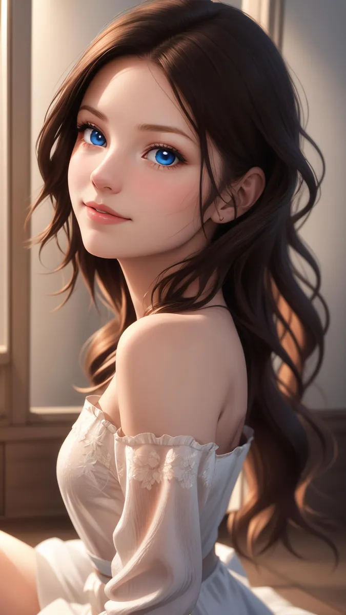A young anime girl with long brown hair, bright blue eyes, and a soft smile, wearing a white off-shoulder top, AI generated image using stable diffusion.
