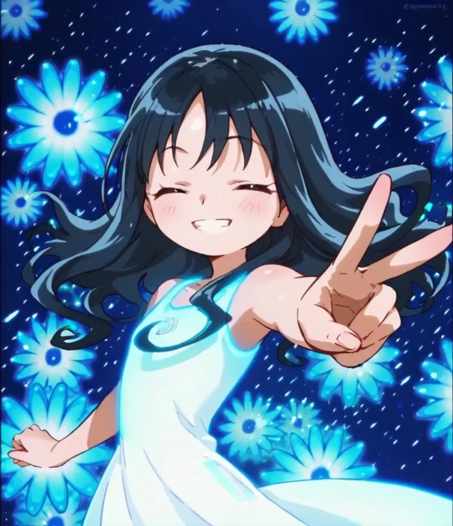 Anime-style young girl with long dark hair in a white sleeveless dress, smiling and making a peace sign with her hand. The background features glowing blue flowers and a night sky, emphasizing that this is an AI-generated image using Stable Diffusion.