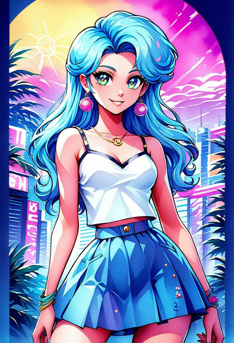 Anime girl with long blue hair, wearing a white top and blue skirt, standing in a vibrant cyberpunk cityscape with a colorful sunset.