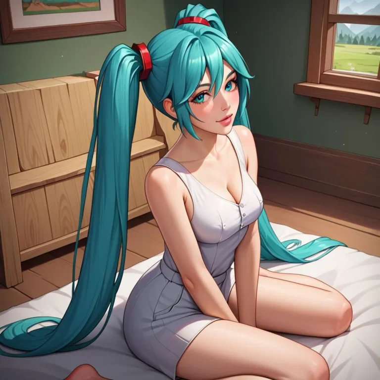 Anime girl with long blue hair styled in twin tails, sitting on a bed in a cozy room. This is an AI generated image using stable diffusion.