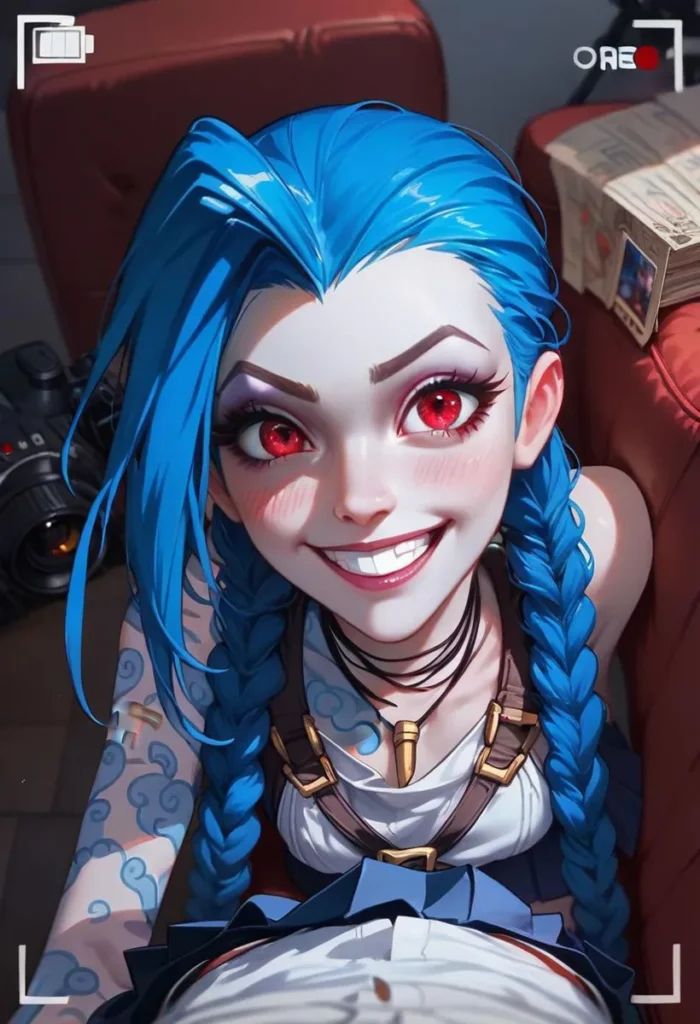 An AI-generated image of a cheerful anime girl with vibrant blue hair and red eyes, created using Stable Diffusion.