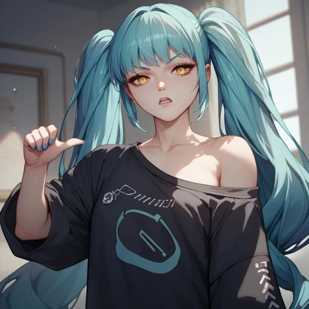 Anime girl with long blue twin-tails and striking yellow eyes wearing a black off-shoulder shirt featuring graphics. AI-generated image using Stable Diffusion.