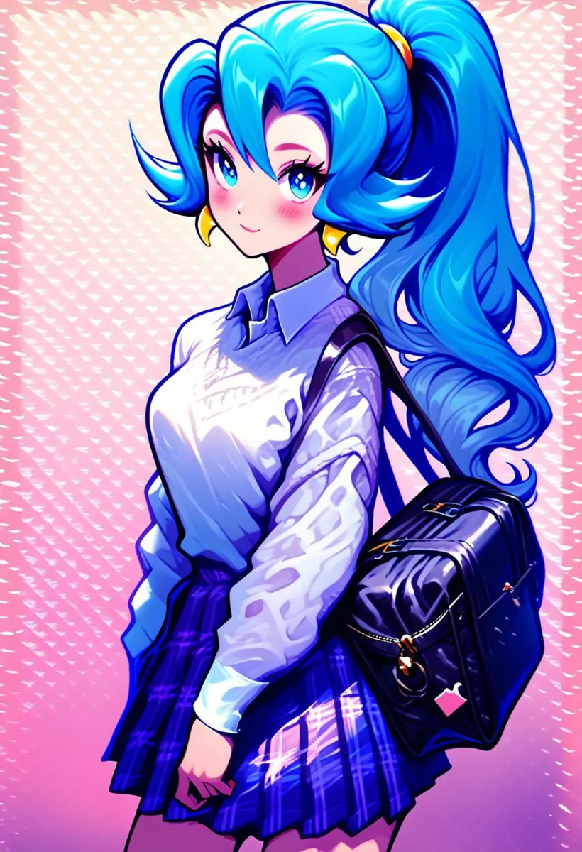 Anime-style girl with blue hair in a ponytail, wearing a white sweater and plaid skirt, carrying a black backpack. AI image generated using Stable Diffusion.