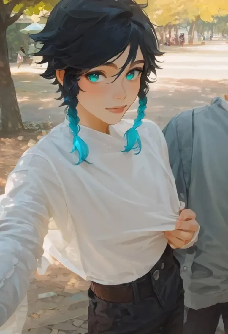 AI generated image of a cheerful anime girl with blue hair braids taking an outdoor selfie, created using Stable Diffusion.