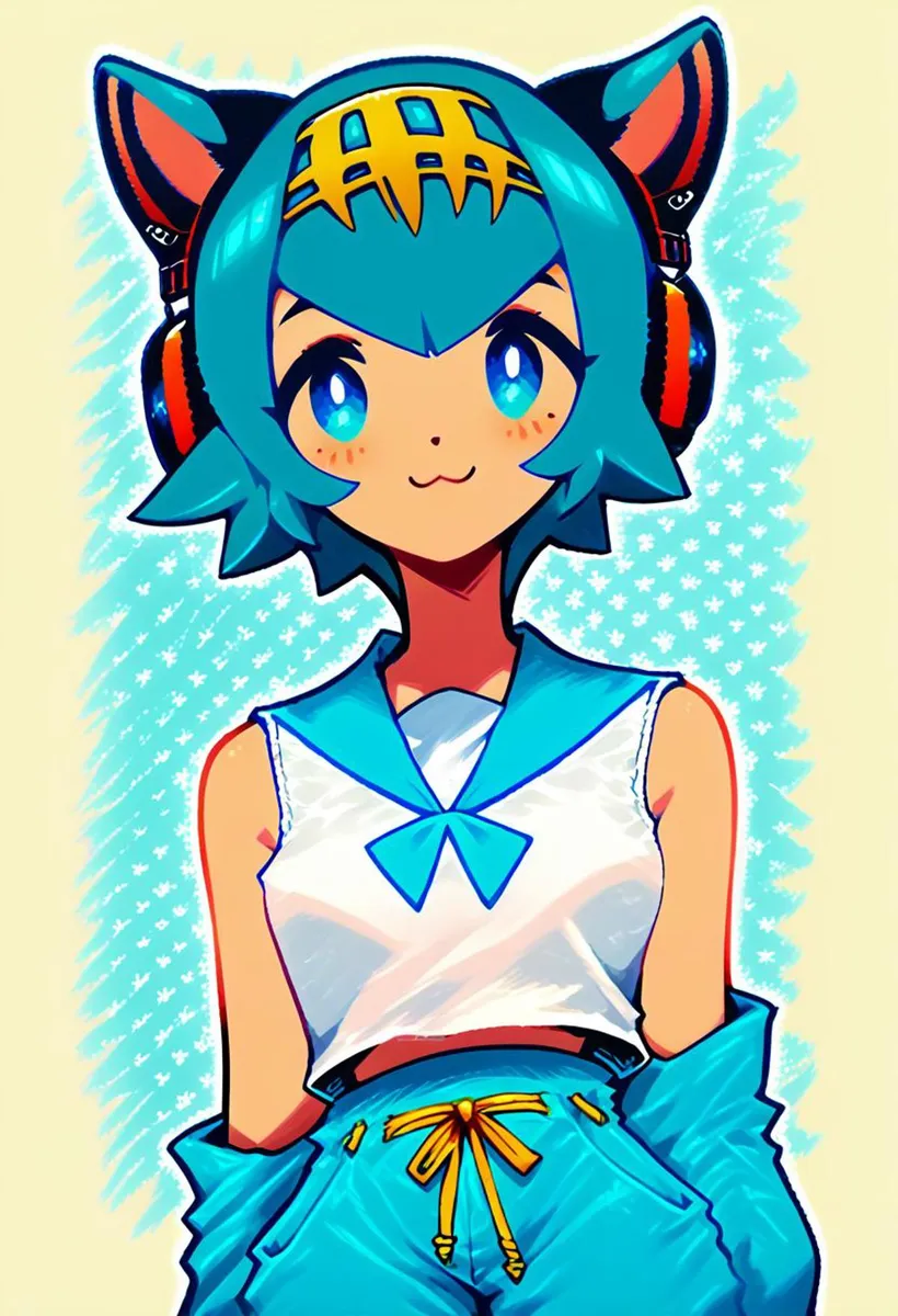 Anime girl with blue hair and cat ears created using Stable Diffusion, wearing futuristic headphones and a school uniform.