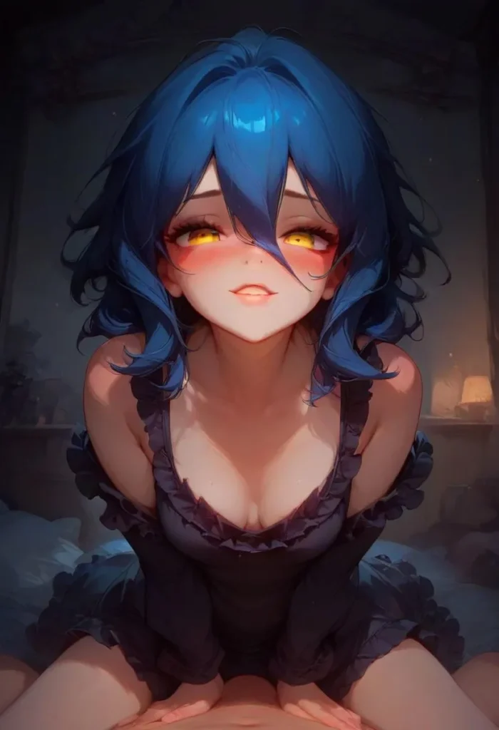 An anime-style girl with striking blue hair and glowing yellow eyes, leaning forward in a dark and moody setting, generated using stable diffusion.