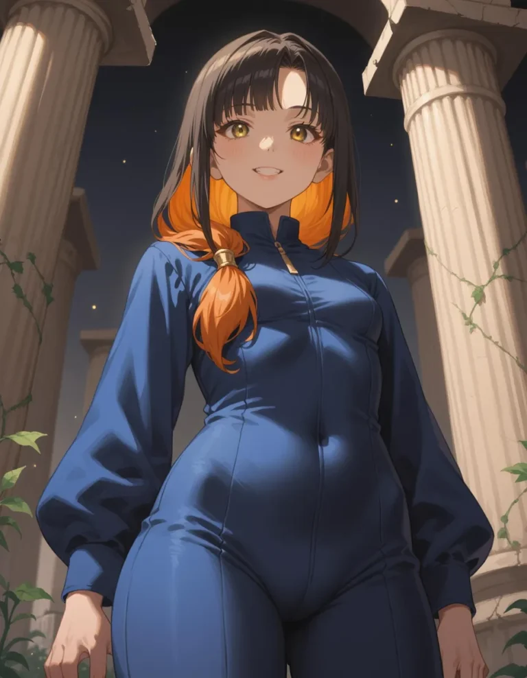 Anime-style girl with long black hair and orange highlights wearing a blue jumpsuit standing between ancient columns at night. This is an AI generated image using stable diffusion.