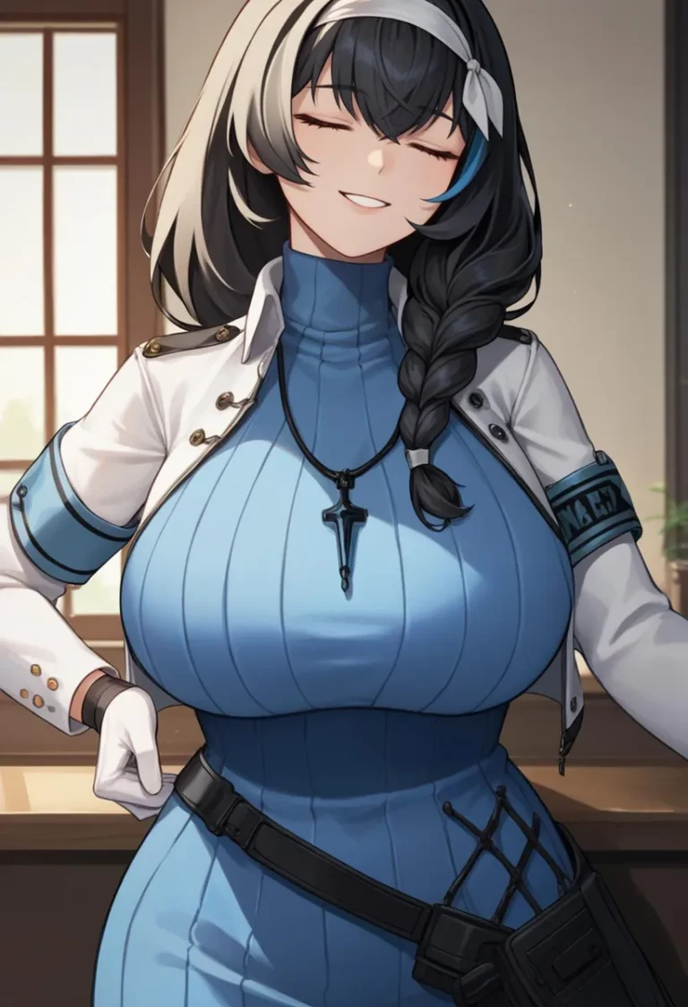 AI generated image of an anime girl in a blue outfit, with black and white hair, smiling with eyes closed, created using Stable Diffusion.