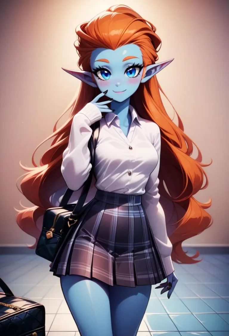 AI-generated anime girl with blue skin and orange hair in a school uniform using Stable Diffusion.