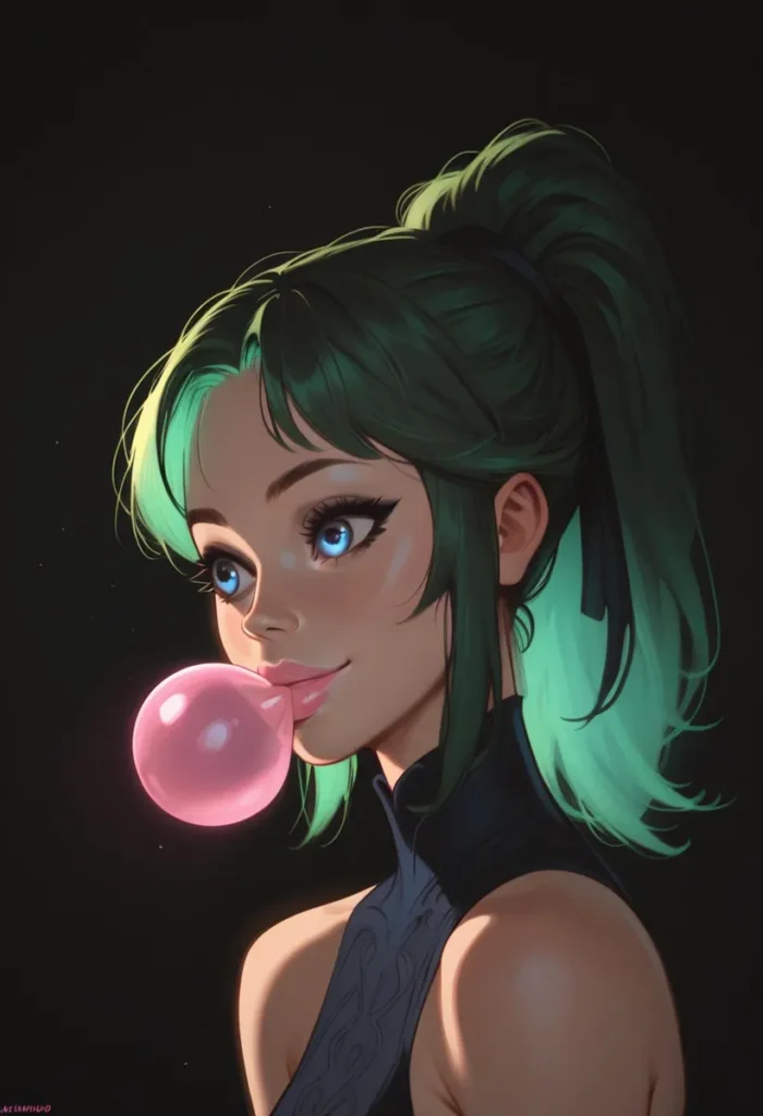 Anime girl with green hair blowing a pink bubblegum, AI-generated image using Stable Diffusion.