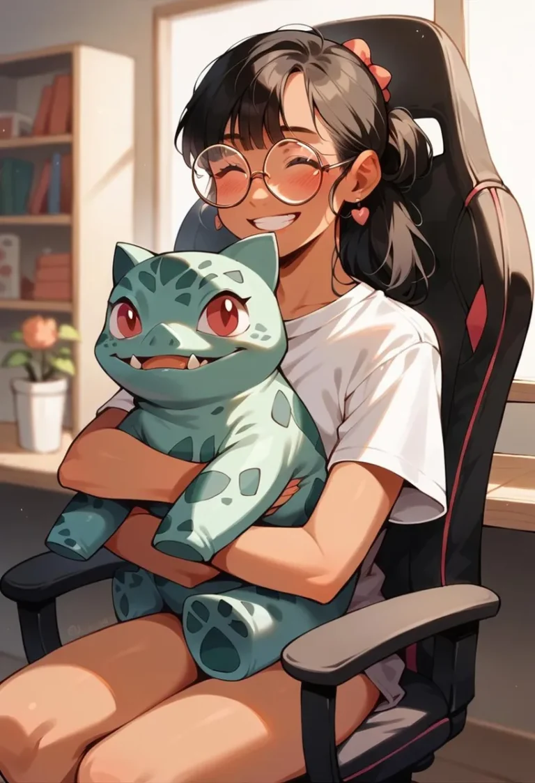 Anime-style image of a girl with glasses and a Bulbasaur plushie, generated using Stable Diffusion.