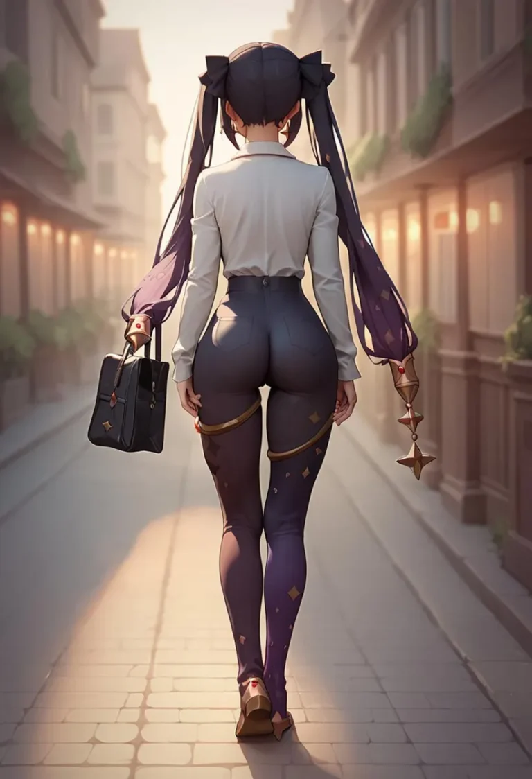 Anime girl with long twin tails in a business outfit walking down a street. AI generated image using Stable Diffusion.