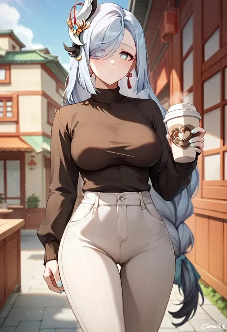 AI generated image of an anime girl with silver hair holding a coffee cup, wearing a black top and white pants, standing in a street with a cafe in the background. Created using Stable Diffusion.
