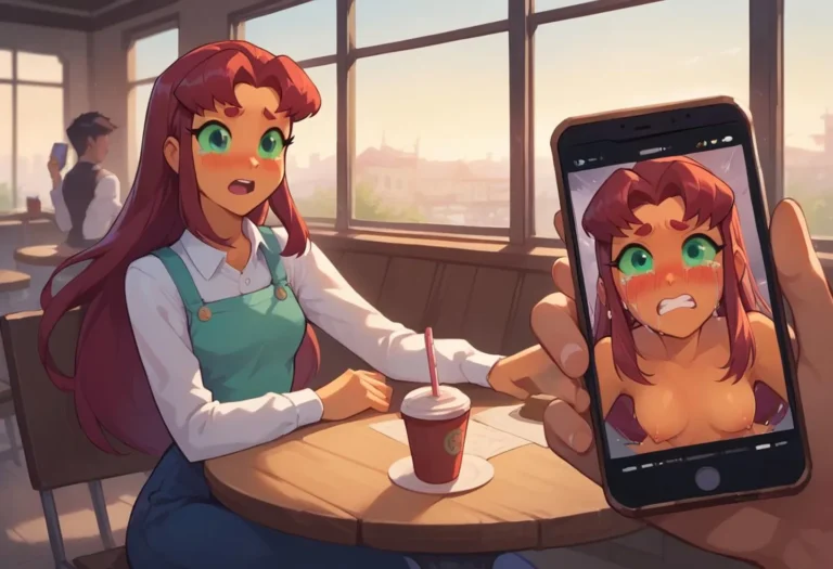 Comic style anime girl sitting in a cafe looking at a phone displaying embarrassed face, AI generated image using stable diffusion.