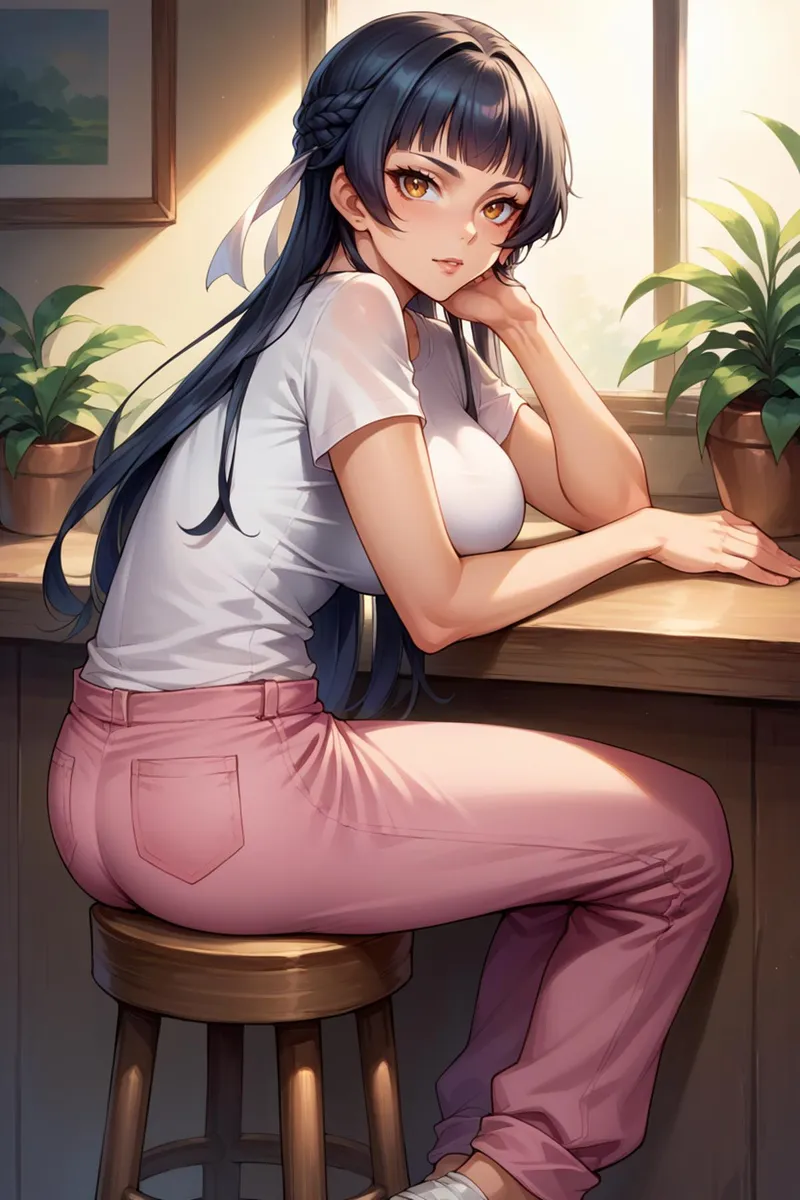 An anime-style girl with long dark hair and amber eyes, sitting in a cozy cafe, generated using Stable Diffusion.