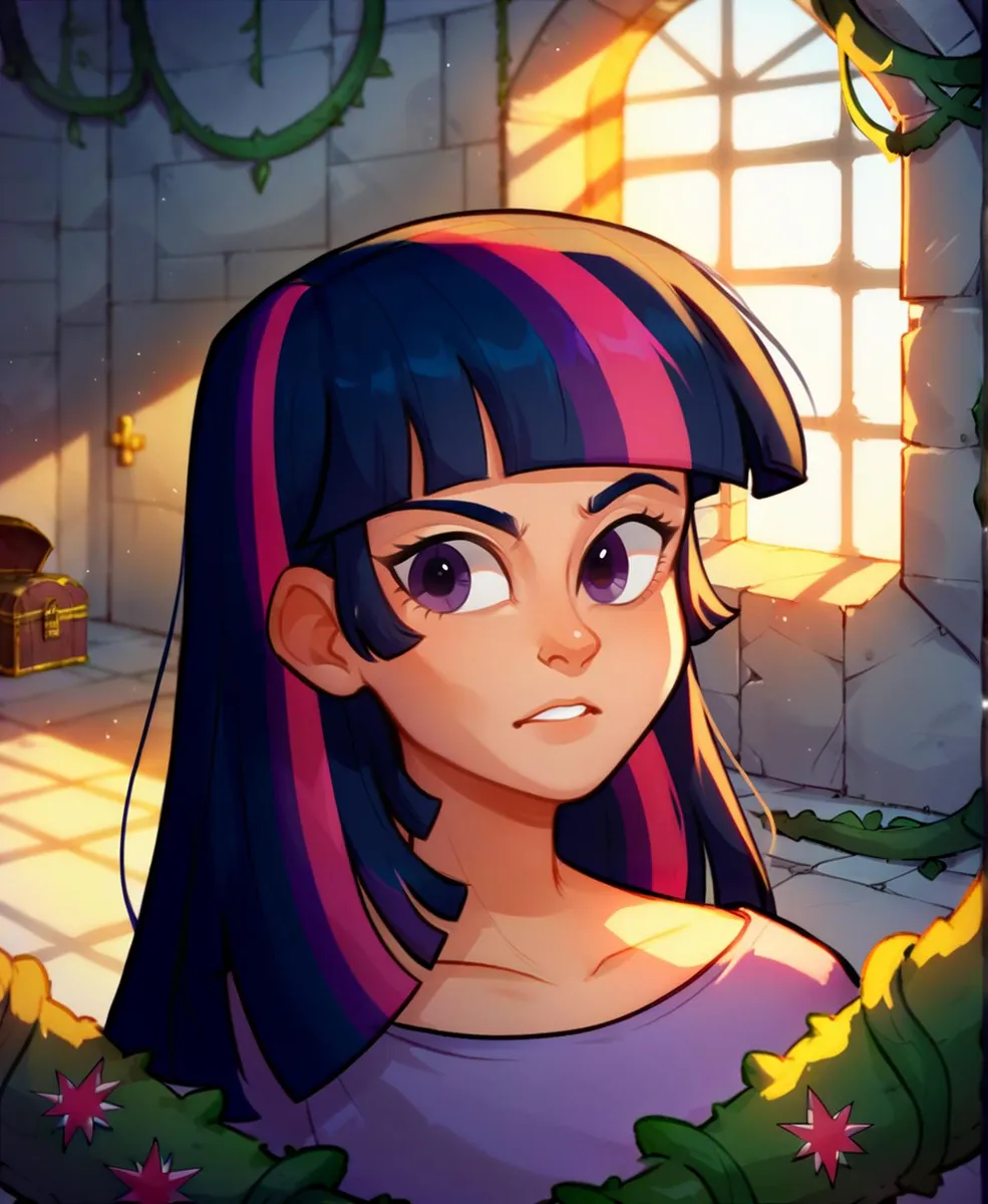 AI-generated image of an anime girl with purple eyes and purple and pink-streaked hair inside a castle with sunlight streaming through the window.