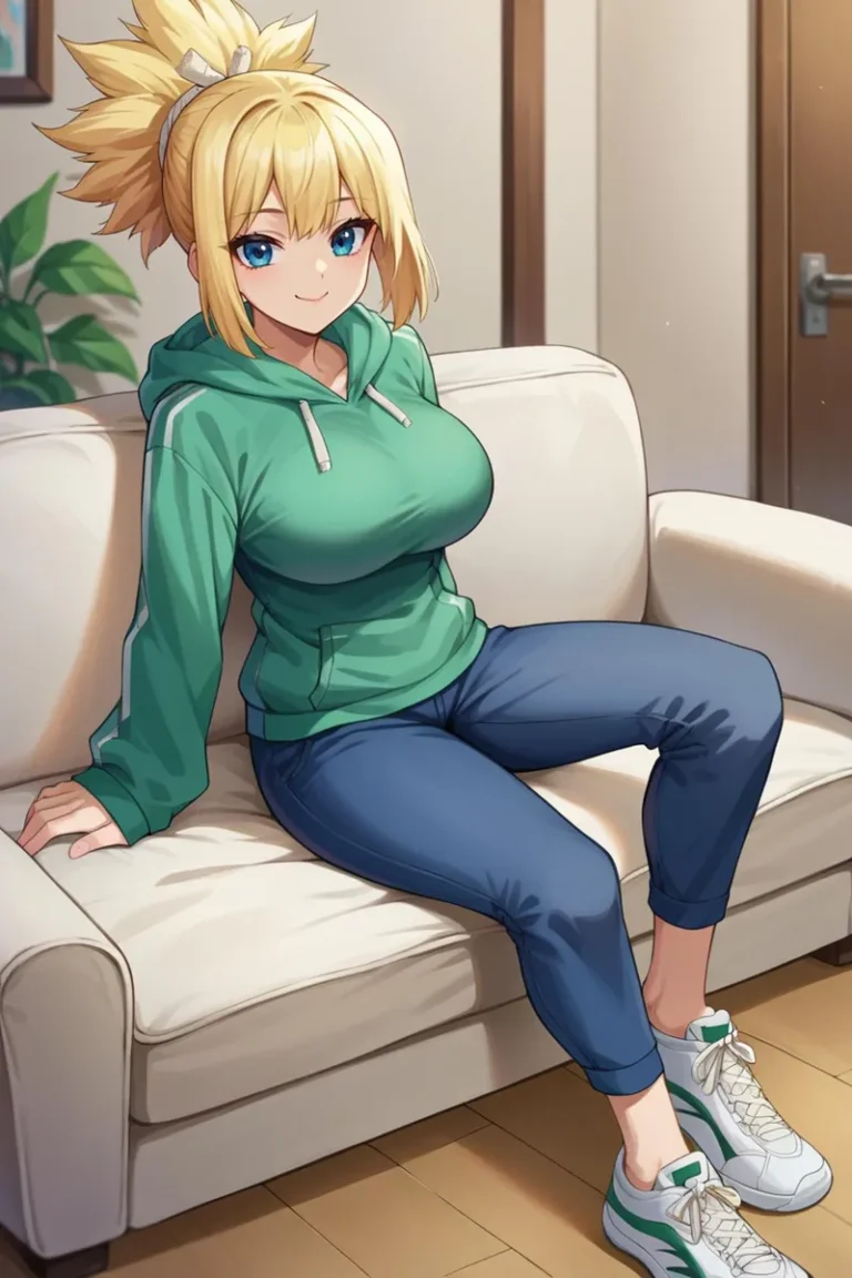 An AI generated image of an anime girl with blonde hair in a ponytail, wearing a green hoodie and blue pants, sitting on a white couch.
