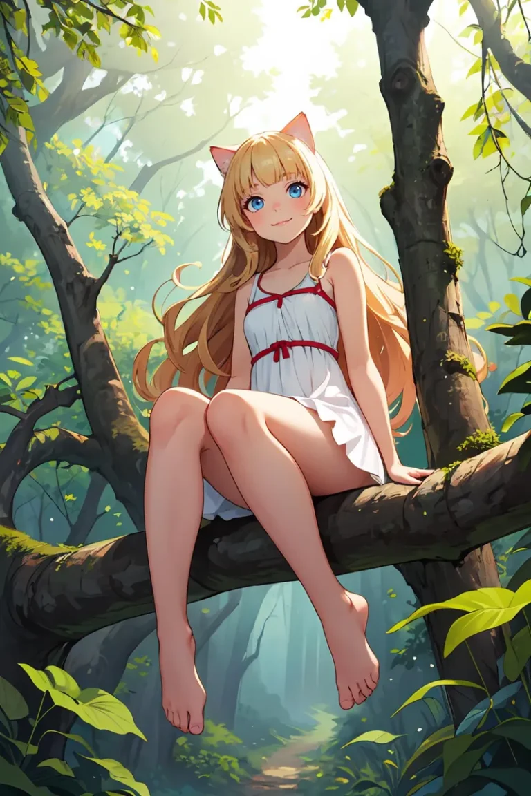Anime-styled girl with blonde hair and cat ears, wearing a white dress, seated on a tree branch in a lush, sunlit forest. AI generated using stable diffusion.