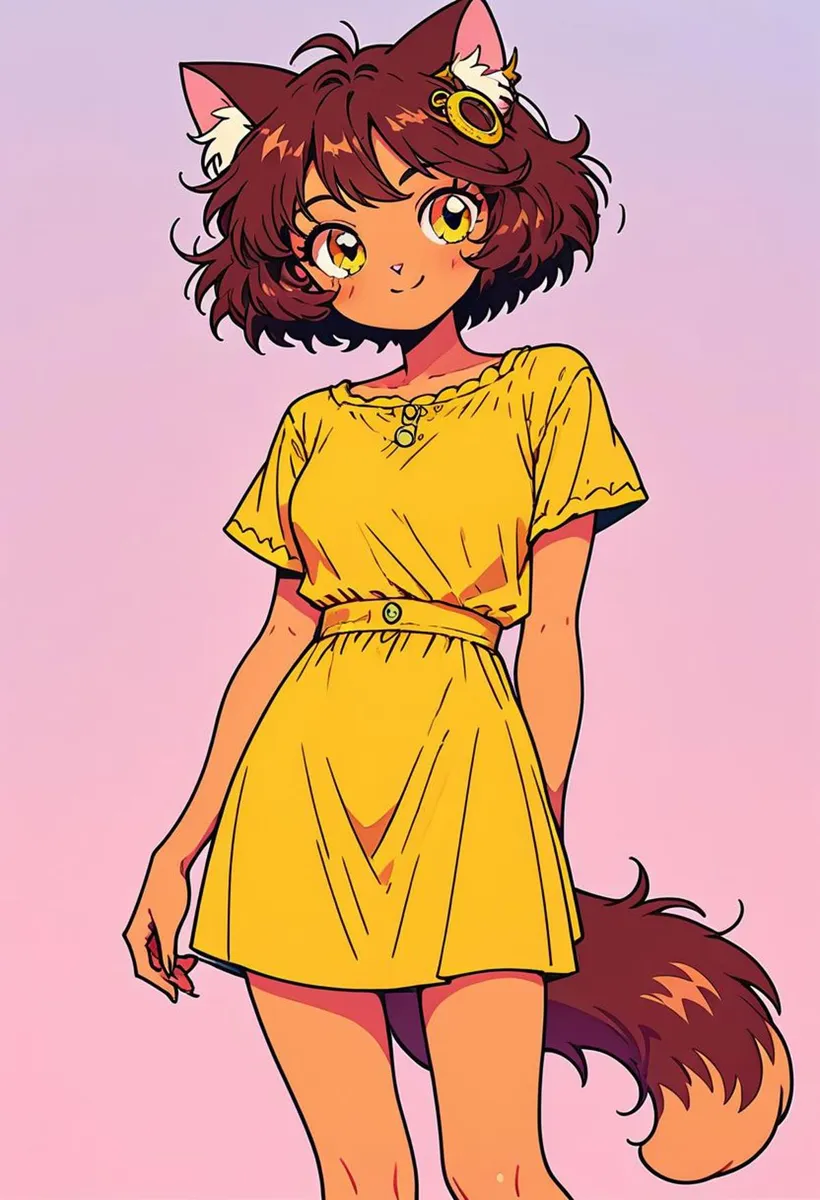 Anime-style girl with cat ears and a fluffy tail, wearing a yellow dress, created using Stable Diffusion.
